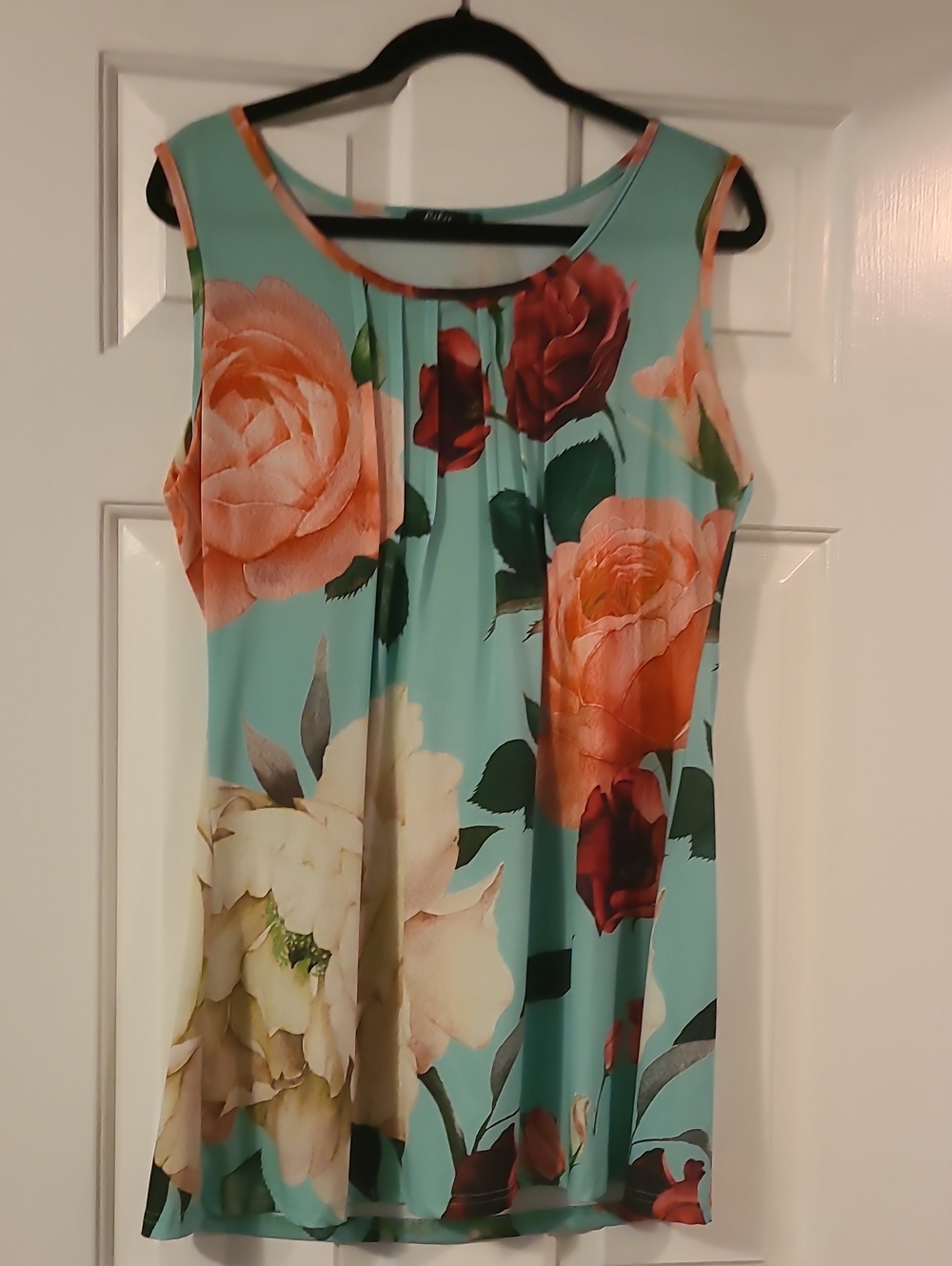 Sleeveless Floral Tunic - Aqua with Coral & Cream Roses